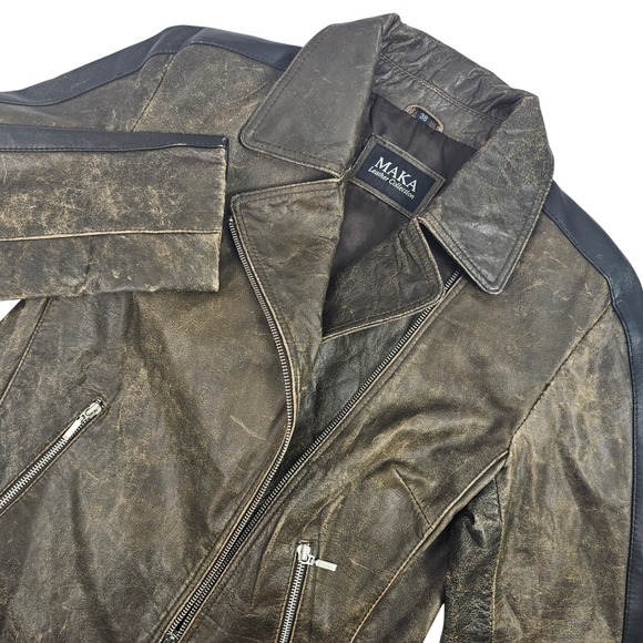 Vtg MAKA Leather Collection Womens Jacket Distress Real Leather Biker EU 38 US 6